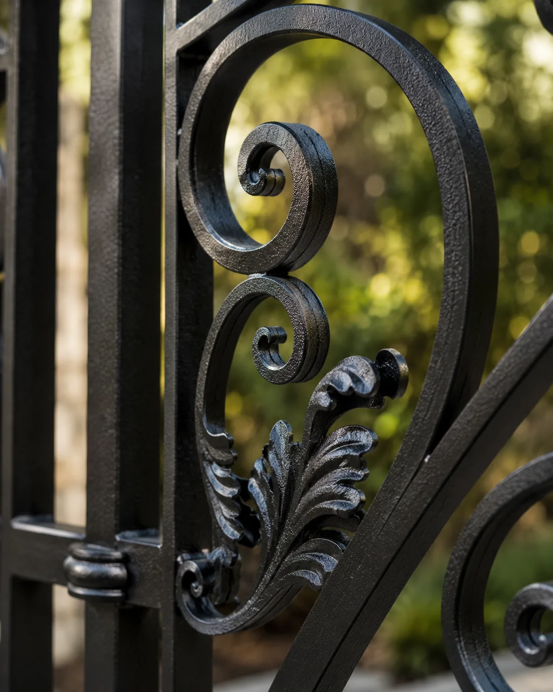 Close-up of hand-forged ornamental iron scrollwork on a custom driveway gate