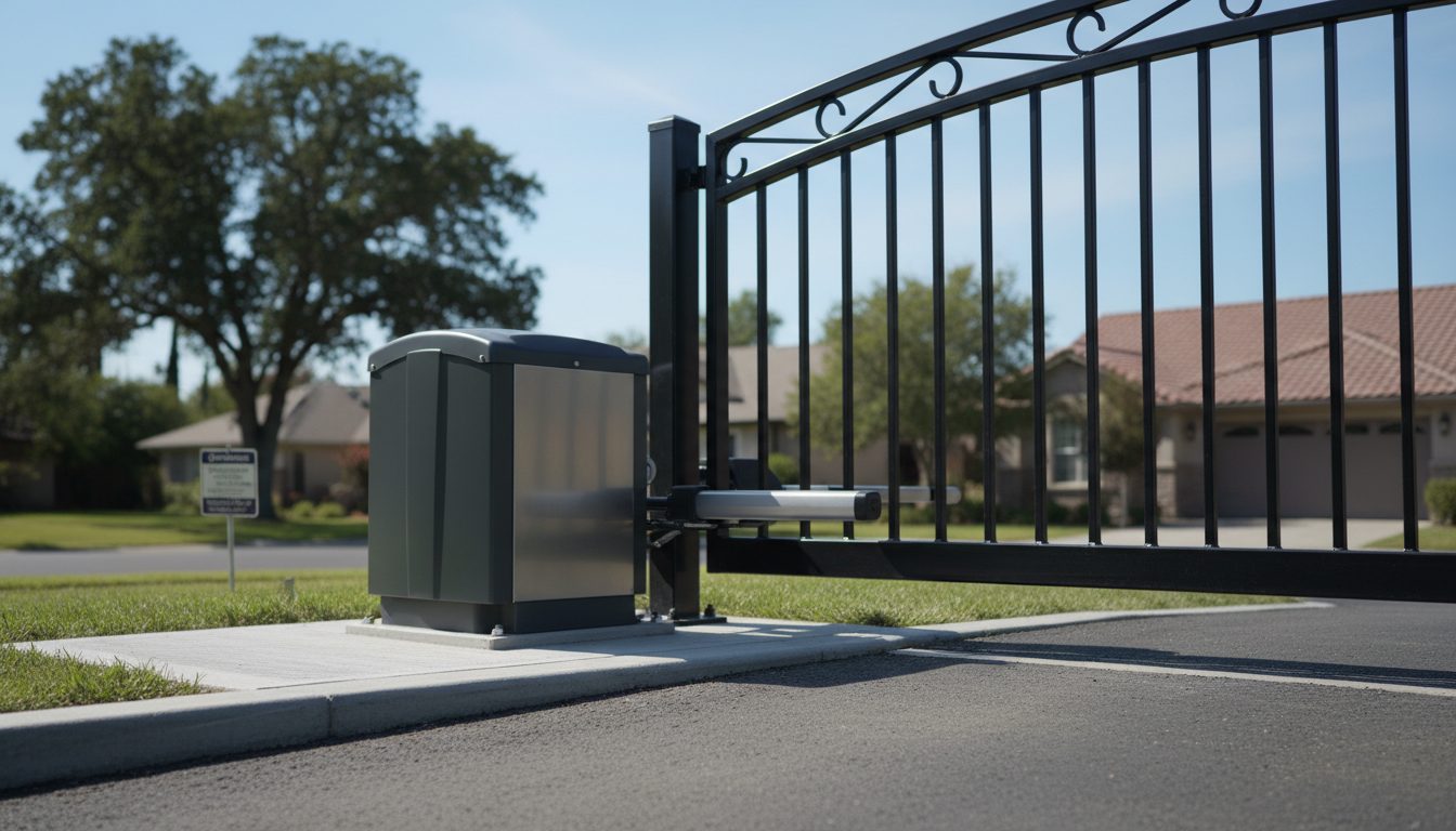 An automatic gate opener motor on a concrete pad.