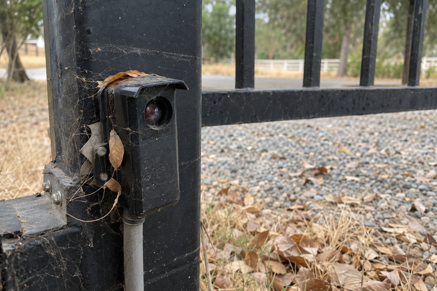 Close-up of a gate photo-eye safety sensor with dead leaves and a spiderweb across the lens