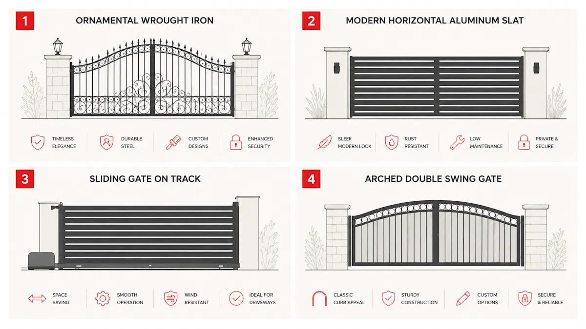 Comparison of four driveway gate styles: ornamental wrought iron, modern aluminum slat, sliding, and arched double swing