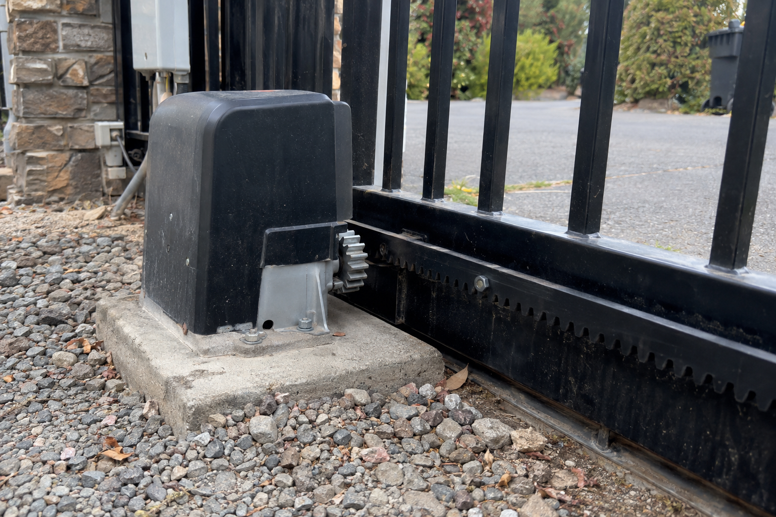 Close-up of a rack-and-pinion slide gate operator on a concrete pad at the base of a metal gate
