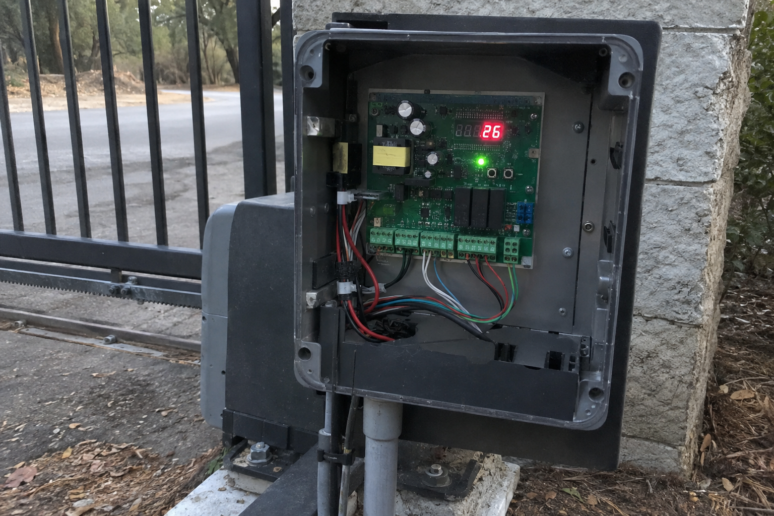 Open gate-operator control board with a lit status indicator, where LiftMaster diagnostic codes are read