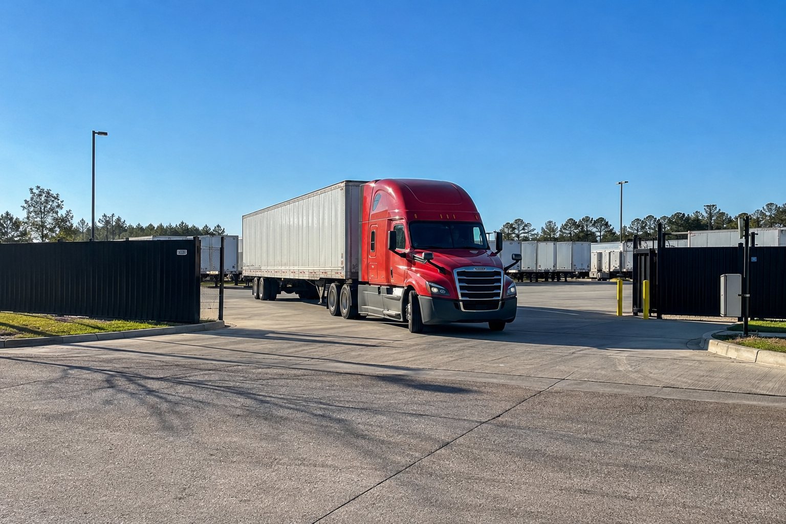 Truck entering the secured United Freight Lines yard through an automated slide gate