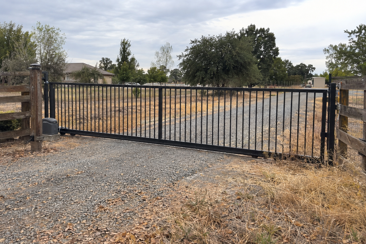 A closed black metal V-track sliding gate running parallel to a fence beside a driveway