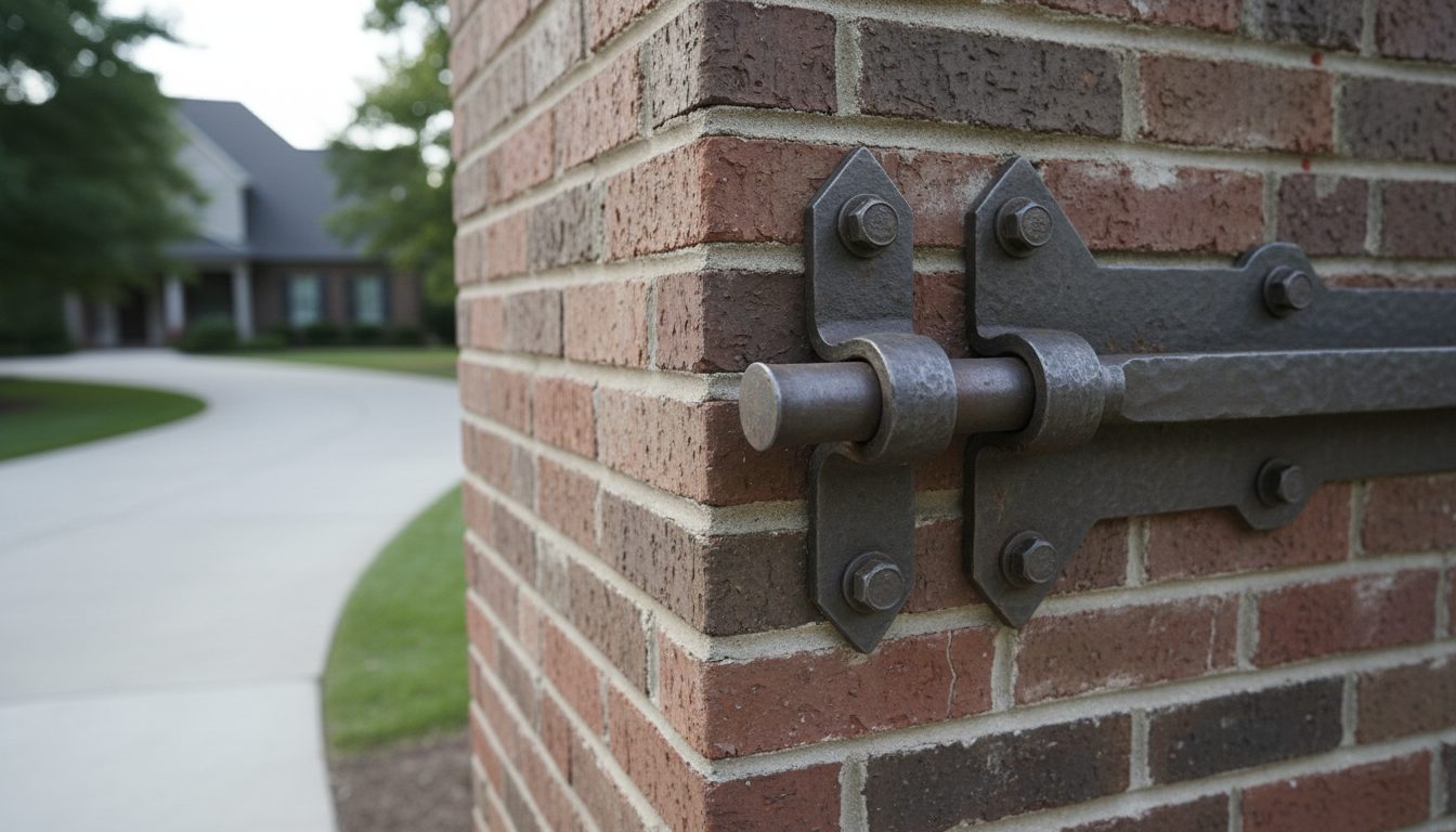 A close-up of a gate hinge on a brick pillar.