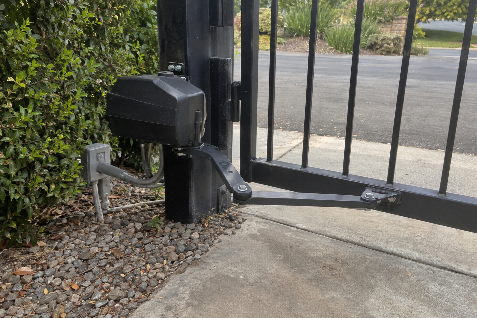 Close-up of an articulated-arm swing gate operator at the hinge post of a partially open gate