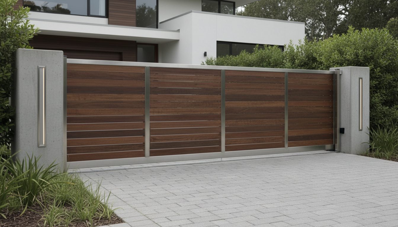A medium shot of a closed sliding gate across a driveway.