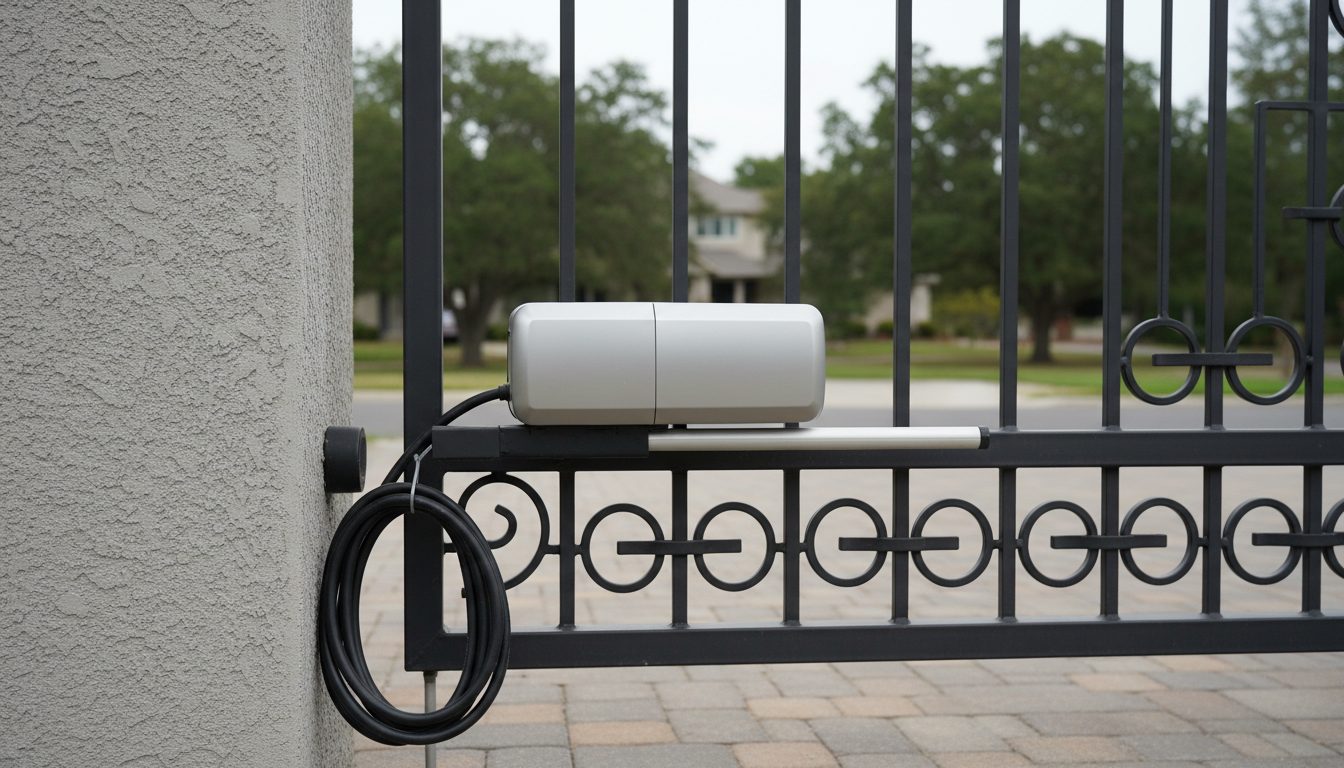 Close-up of a gate motor on a metal driveway gate.