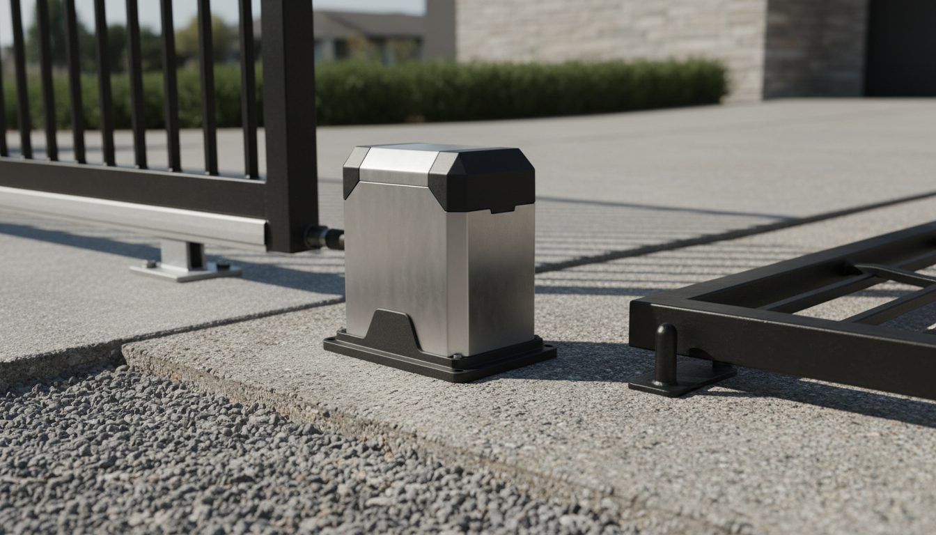 A close-up of a gate motor on a concrete pad.
