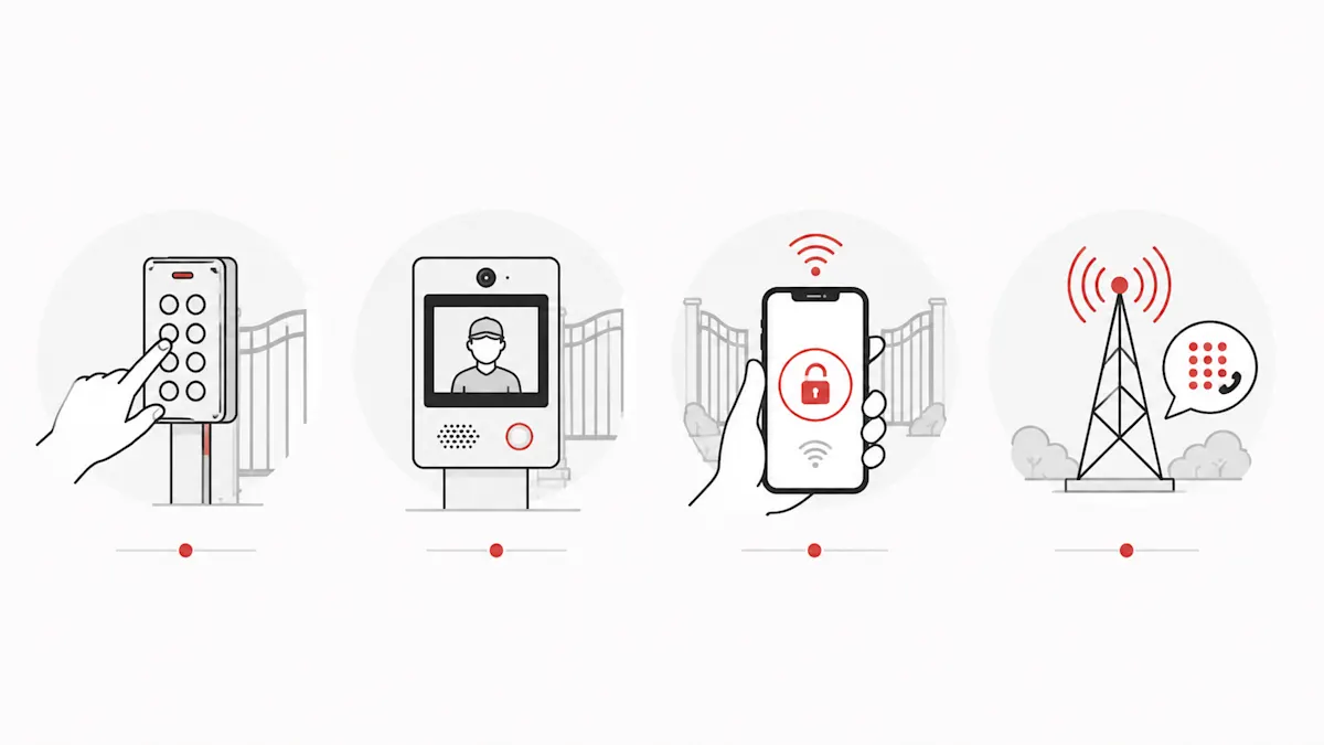 Four gate access control methods: keypad, video intercom, smartphone app, and cellular telephone entry