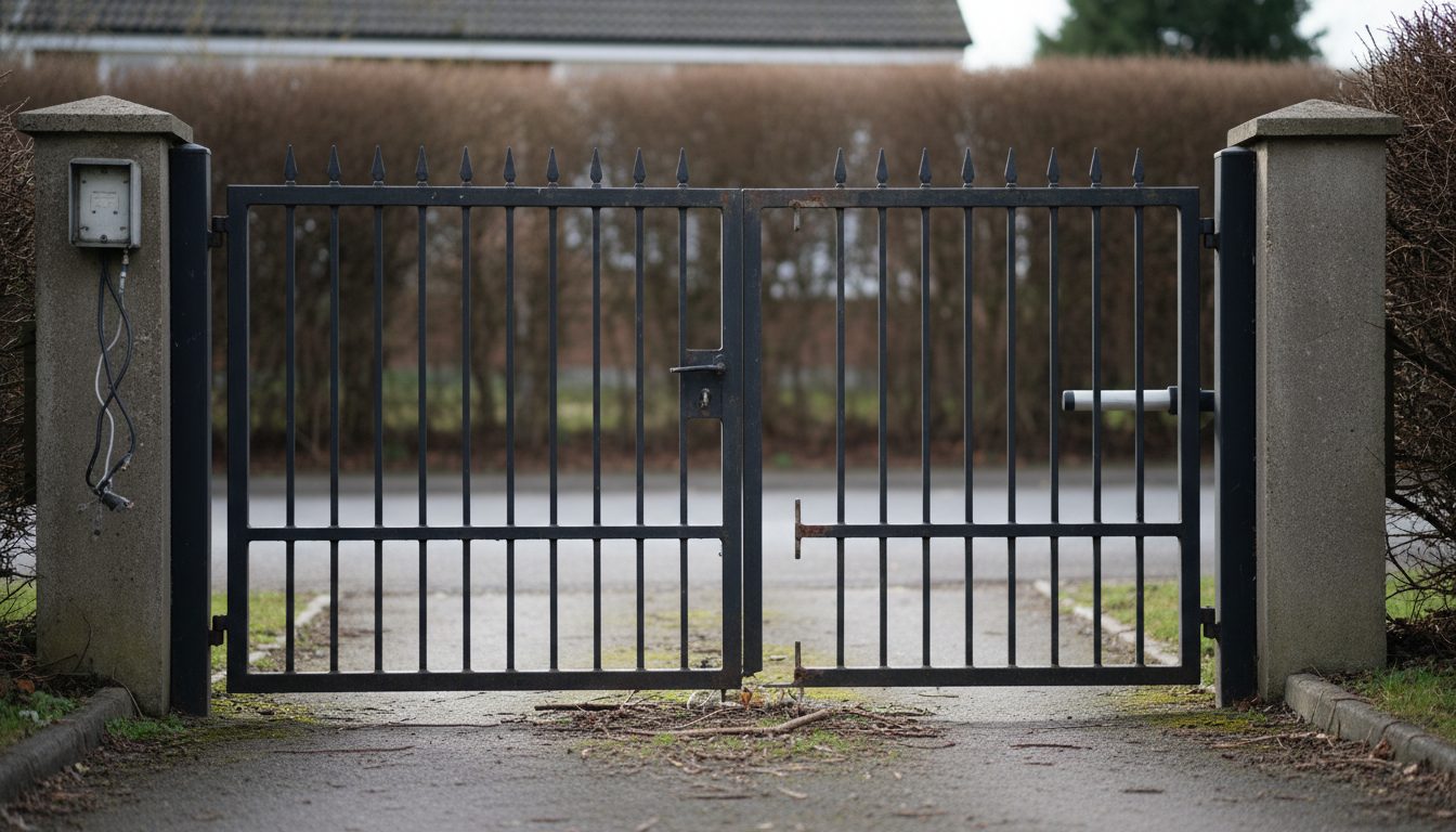 A medium shot of a gate stuck slightly ajar.