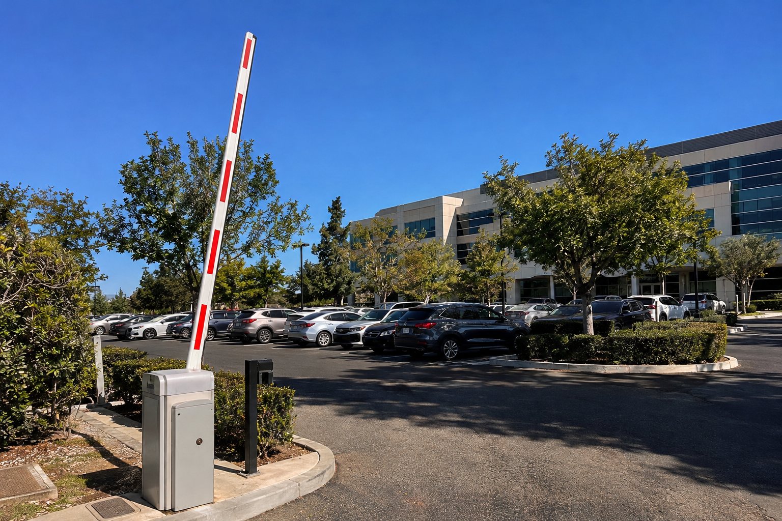 Traffic barrier arm gate raised at the entrance to a commercial office parking lot