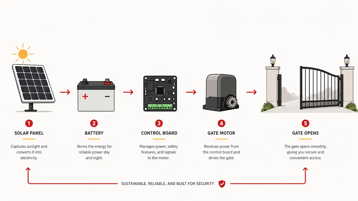 Diagram of how a solar gate opener works: solar panel, battery, control board, gate motor, gate
