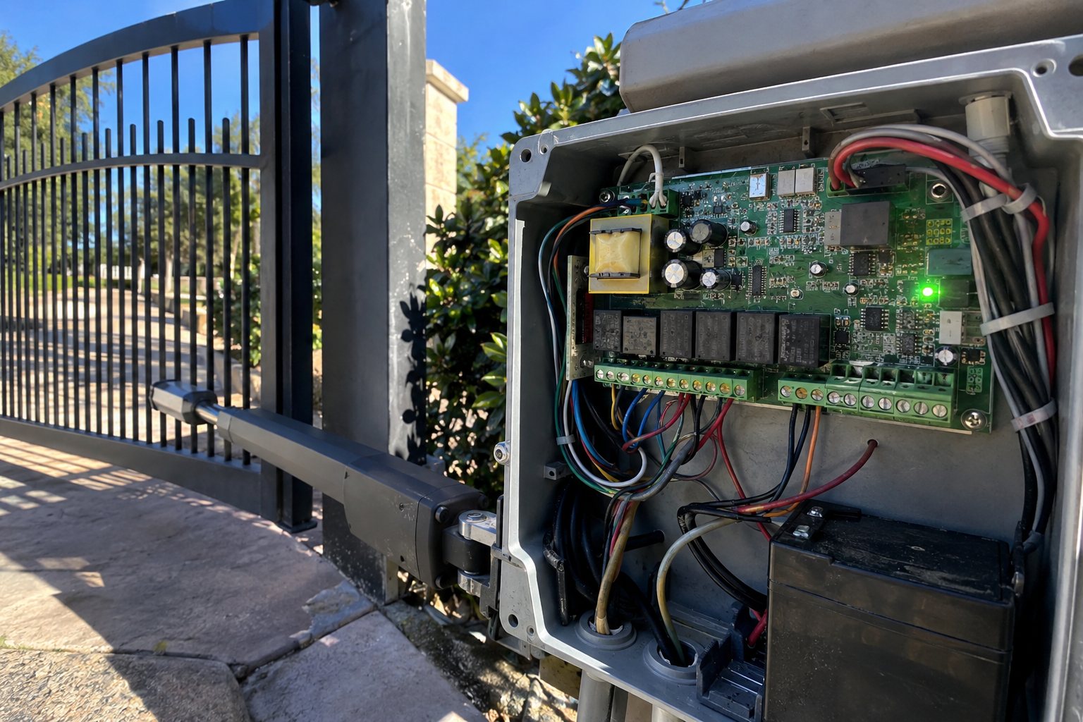 Open gate operator control board with a lit green status LED and wiring terminals