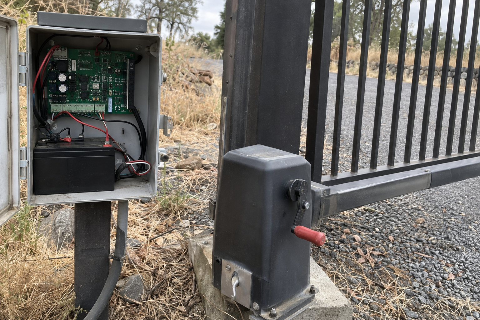 Open gate operator control box with a circuit board, backup battery, and a manual-release lever on the operator