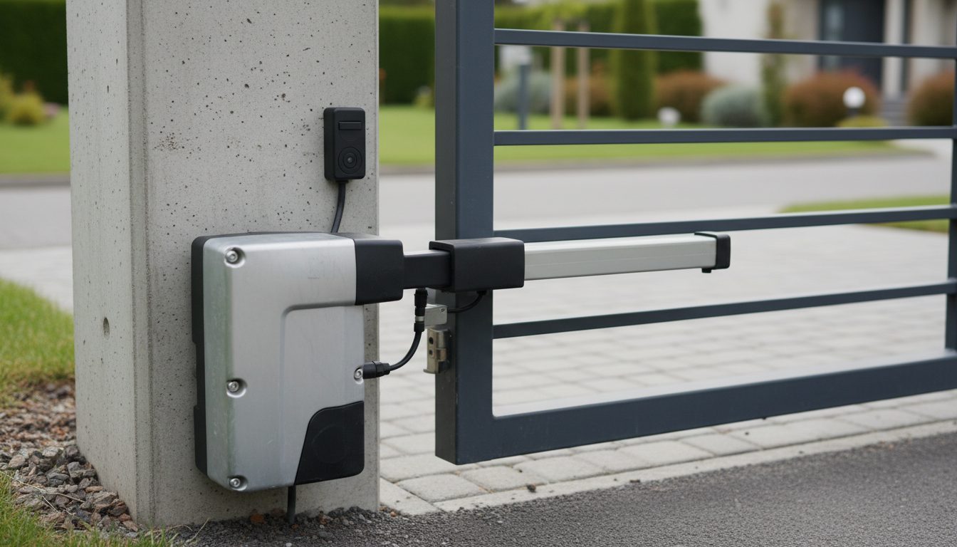 Close-up of an automatic gate opener motor with a partially open gate.