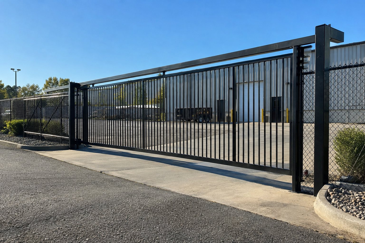Black cantilever slide gate at a commercial industrial yard entrance, suspended on an overhead beam with no ground track