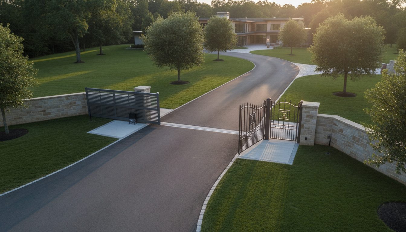 An aerial view of a curved driveway leading to a gate.