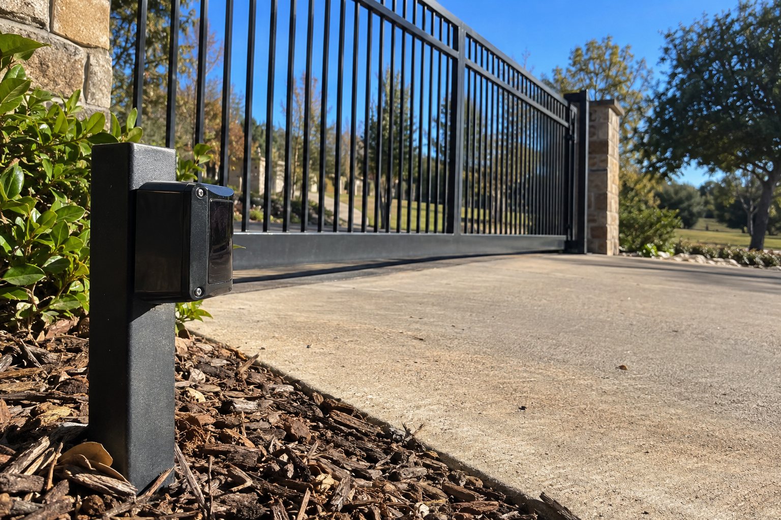 Monitored photo-eye safety sensor mounted near the base of a driveway gate