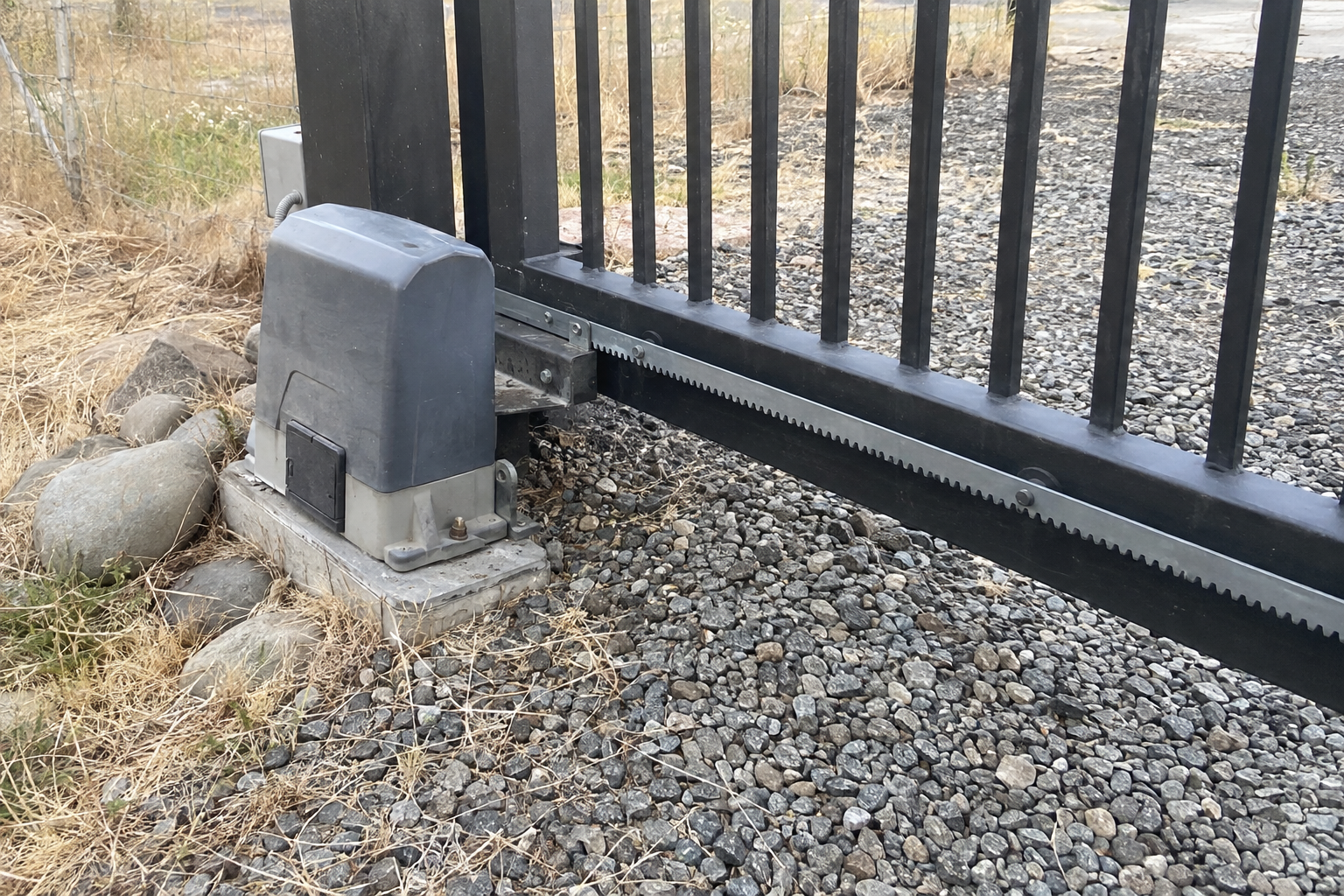 Rack-and-pinion slide gate operator at the base of a rolling metal gate