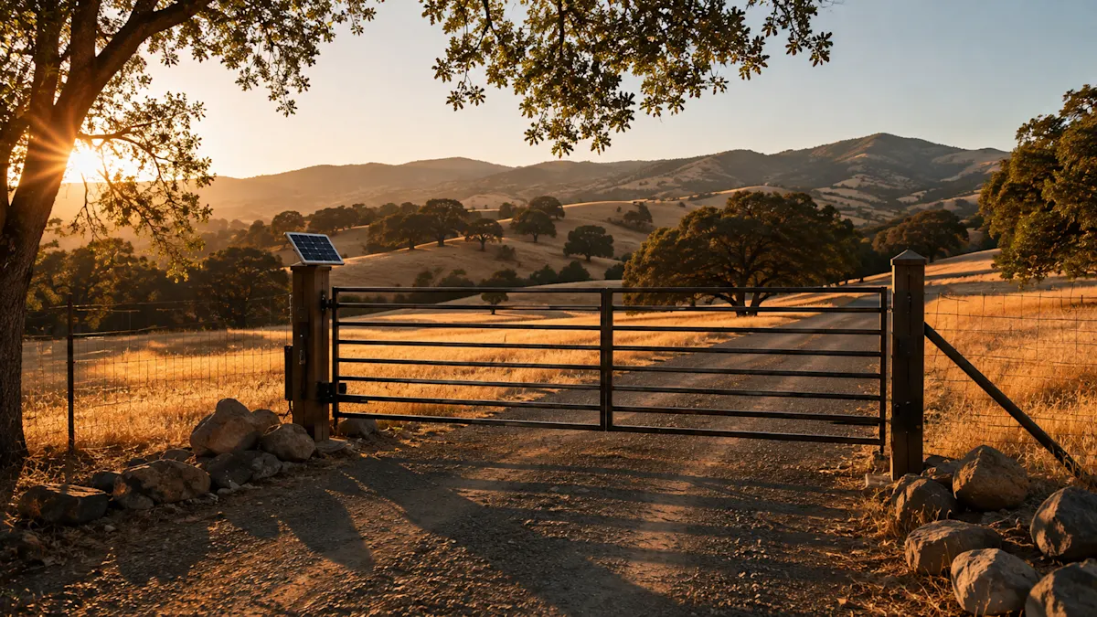 Solar-powered automatic gate on a rural Sacramento foothill property at golden hour