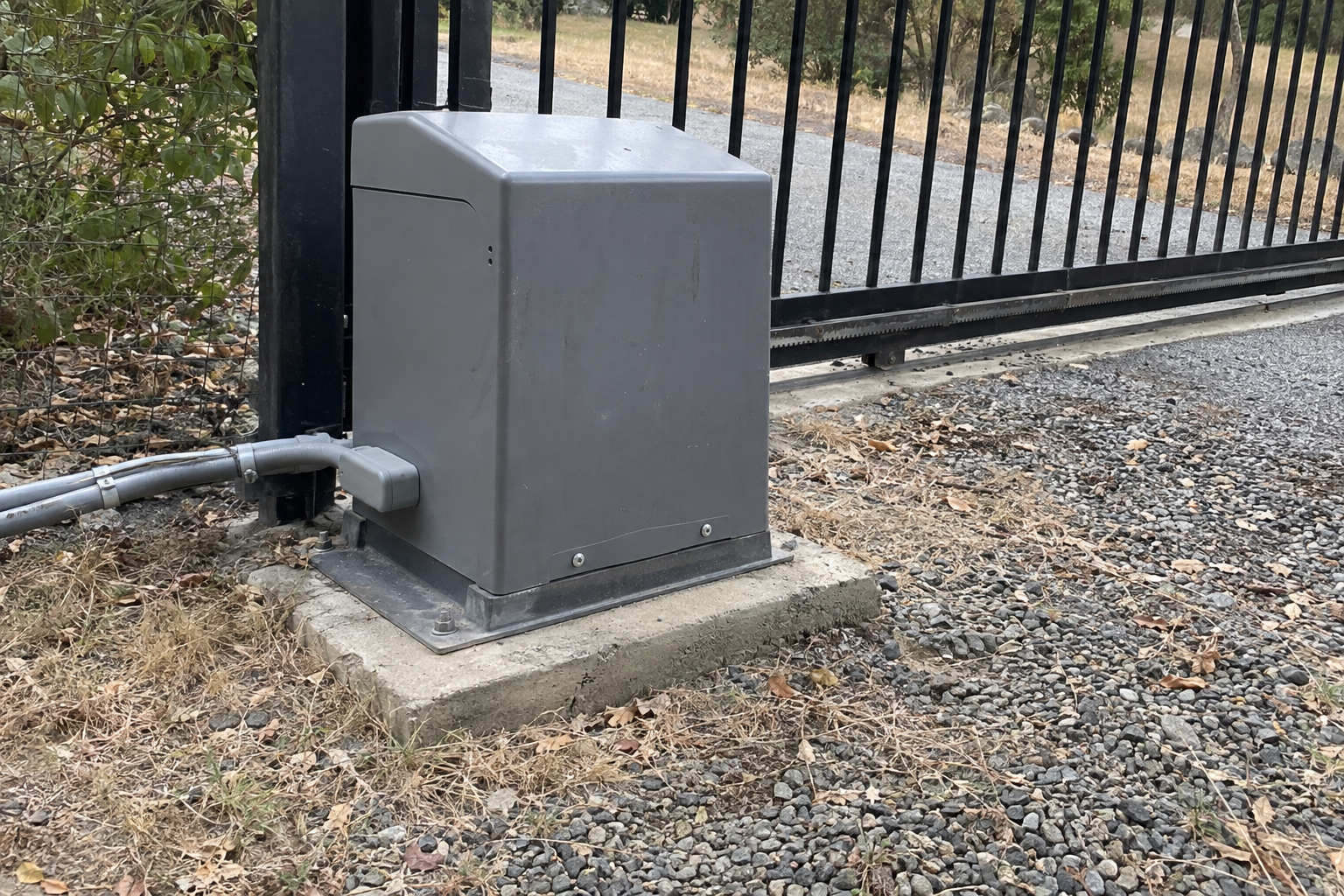 A slide gate operator on a concrete pad beside a residential driveway gate, with electrical conduit running into it