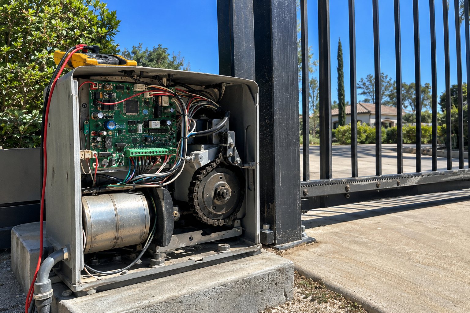 Open automatic gate operator showing the control board, motor, and chain drive during a service visit