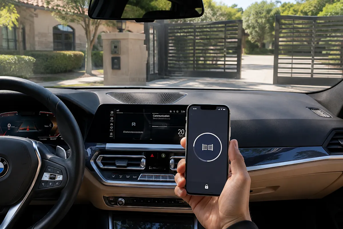 Driver opening a driveway gate from a car using a smartphone app