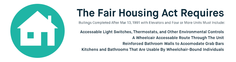 Fair House Act Requirements: Buildings completed after March 13, 1991 with elevators and 4+ units must include accessible light switches, thermostats, a wheelchair accessible route through the unit, reinforced bathroom walls to accommodate grab bars, and kitchens & bathrooms that are wheelchair-accessible
