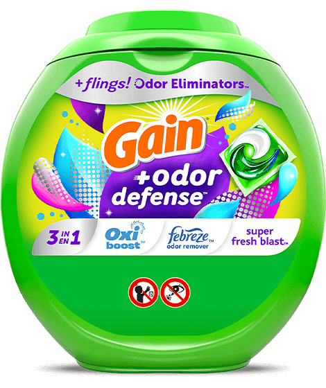 Paquete de Detergente para Ropa Gain+ Odor Defense Super Fresh Blast Flings