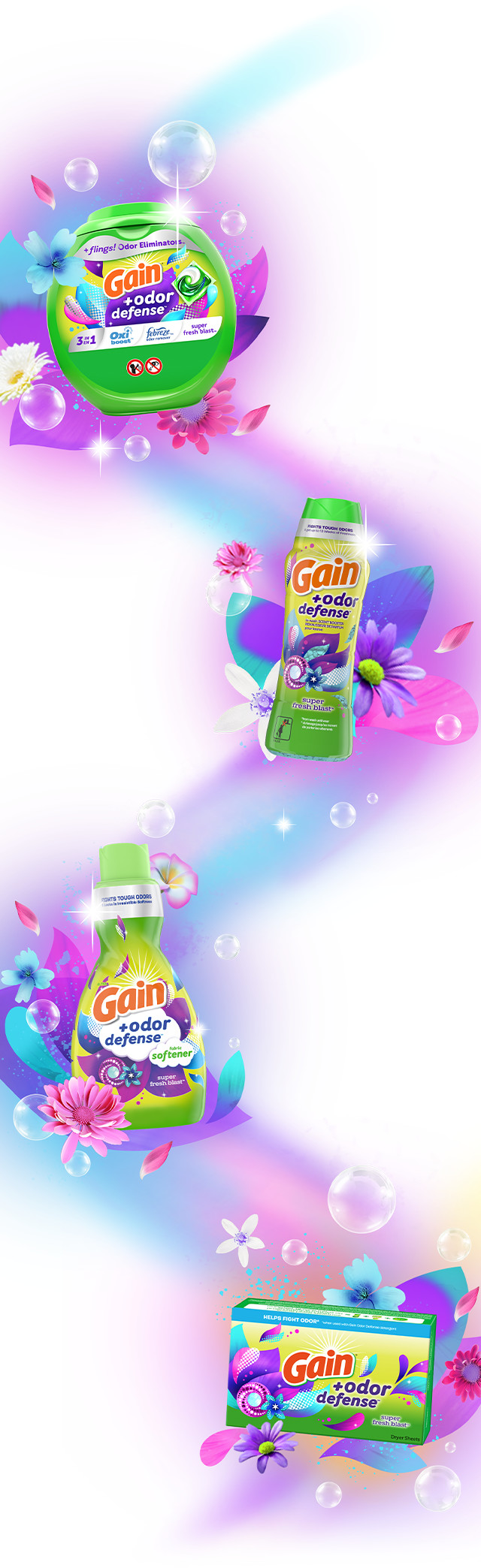 Detergente para la Ropa Gain+Odor Defense Super Fresh Blast Flings
