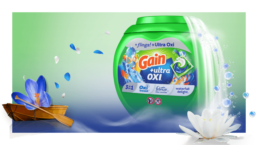 Experiencia olfativa del Detergente para Ropa Gain Ultra Oxi Waterfall Delight Flings 