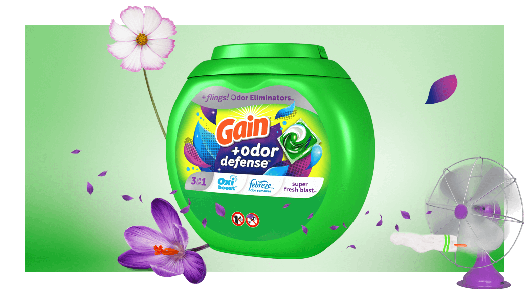 Experiencia olfativa del Detergente para Ropa Gain+ Odor Defense Super Fresh Blast Flings