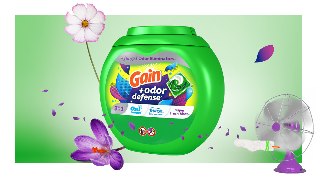 Experiencia olfativa del Detergente para Ropa Gain+ Odor Defense Super Fresh Blast Flings