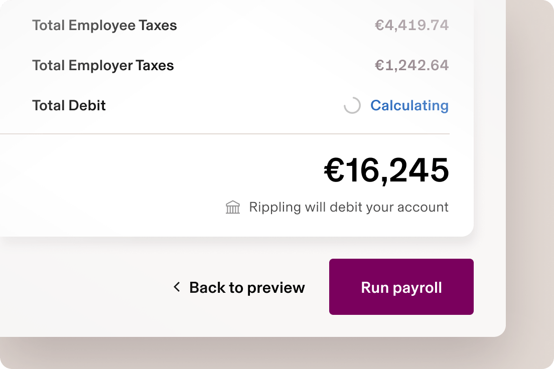 Example of a screen in Rippling showing an employee's pay details with a button that says "Run payroll"