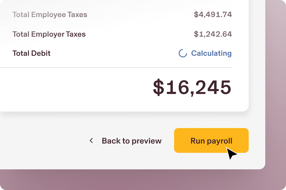 Example of a screen in Rippling showing an employee's pay details with a button that says Run payroll