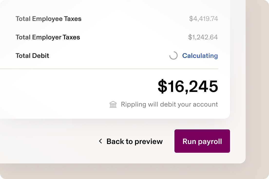 Example of a screen in Rippling showing an employee's pay details with a button that says "Run payroll"