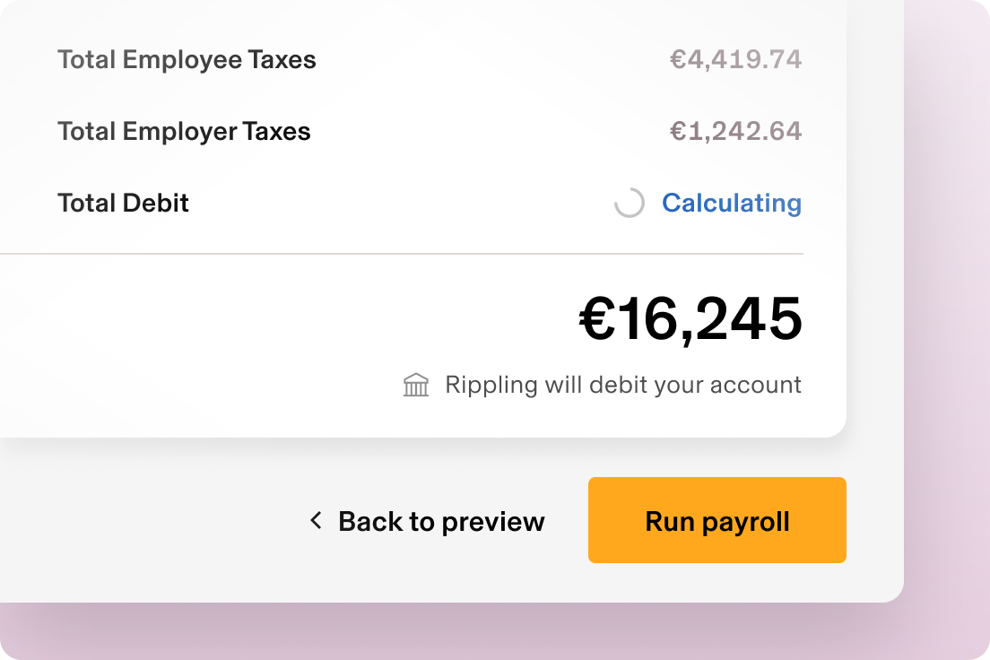 Example of a screen in Rippling showing an employee's pay details with a button that says Run payroll