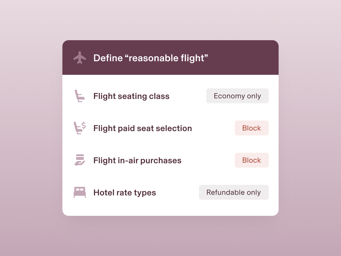 Example screen in Rippling Travel titled define reasonable flight with settings including flight seating class, flight paid seat selection, flight in-air purchases, and hotel rate types