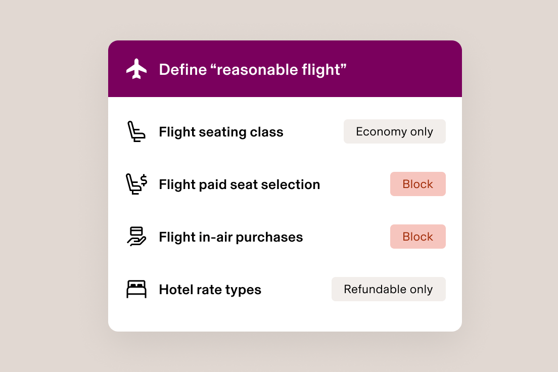 Example screen in Rippling Travel titled define reasonable flight with settings including flight seating class, flight paid seat selection, flight in-air purchases, and hotel rate types