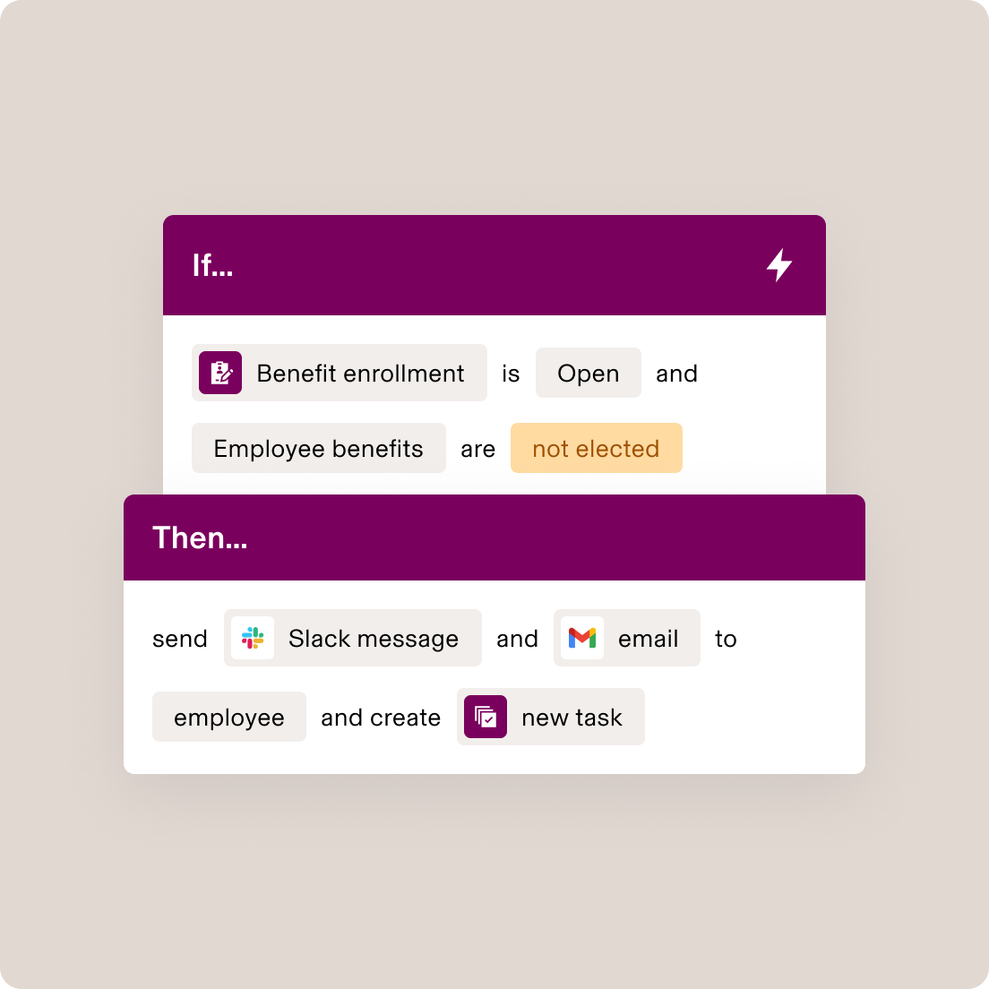 Interface d’automatisation de workflow sur laquelle sont affichées la condition d’adhésion aux avantages sociaux et des actions consistant à envoyer des messages et créer des tâches dans Rippling.