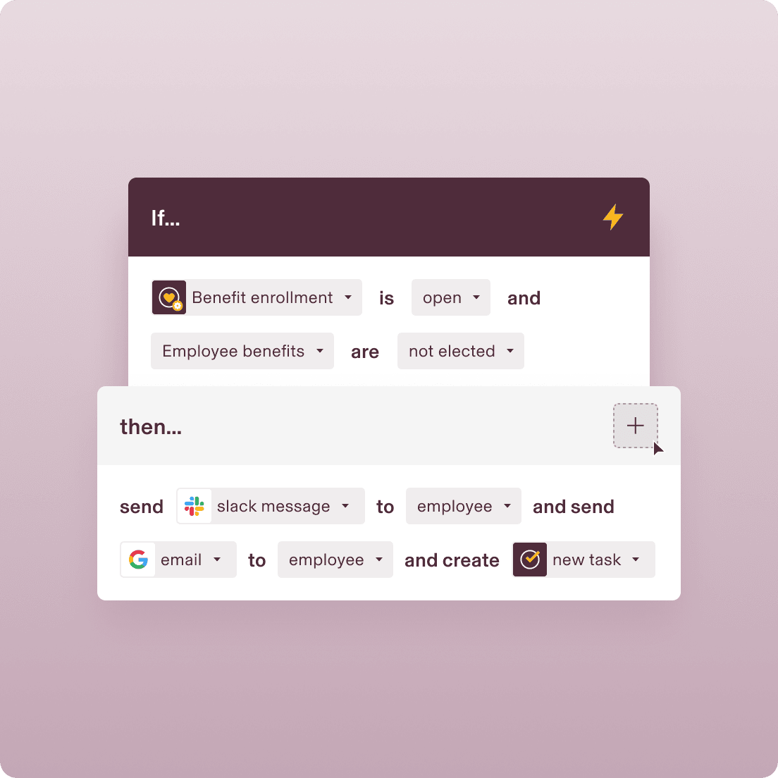 Workflow automation interface showing benefits enrolment condition and actions to send messages and create tasks in Rippling.