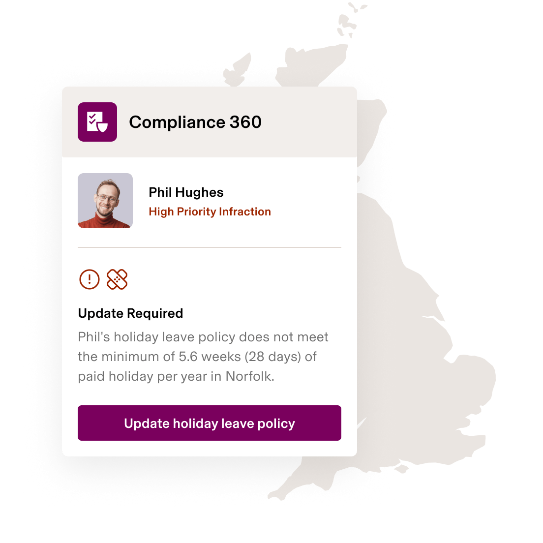 Screenshot of a sick leave policy alert in Rippling's Compliance 360 product