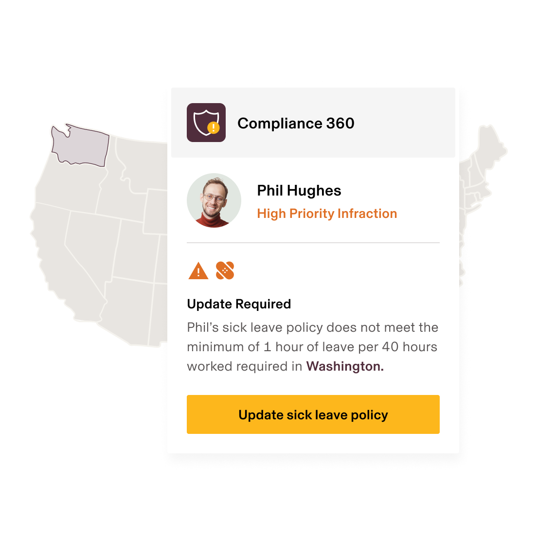 Screenshot of a sick leave policy alert in Rippling's Compliance 360 product