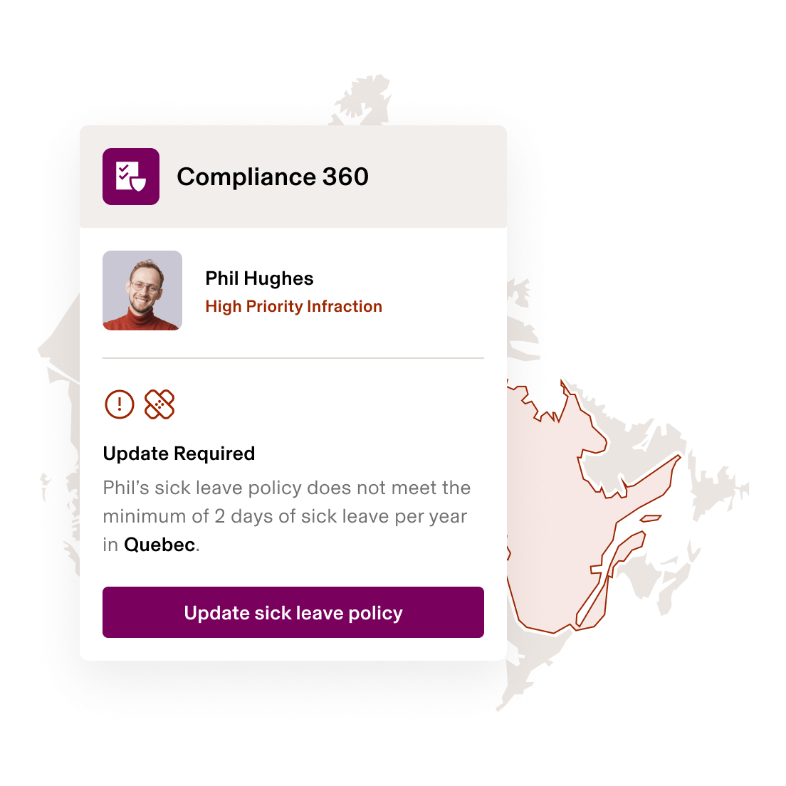 Screenshot of a sick leave policy alert in Rippling's Compliance 360 product