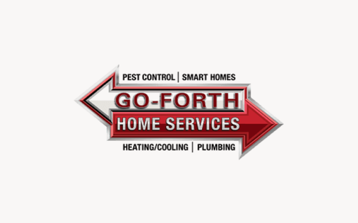 Go-Forth Home Services logo with red arrows showing pest control, smart homes, heating/cooling, and plumbing services.