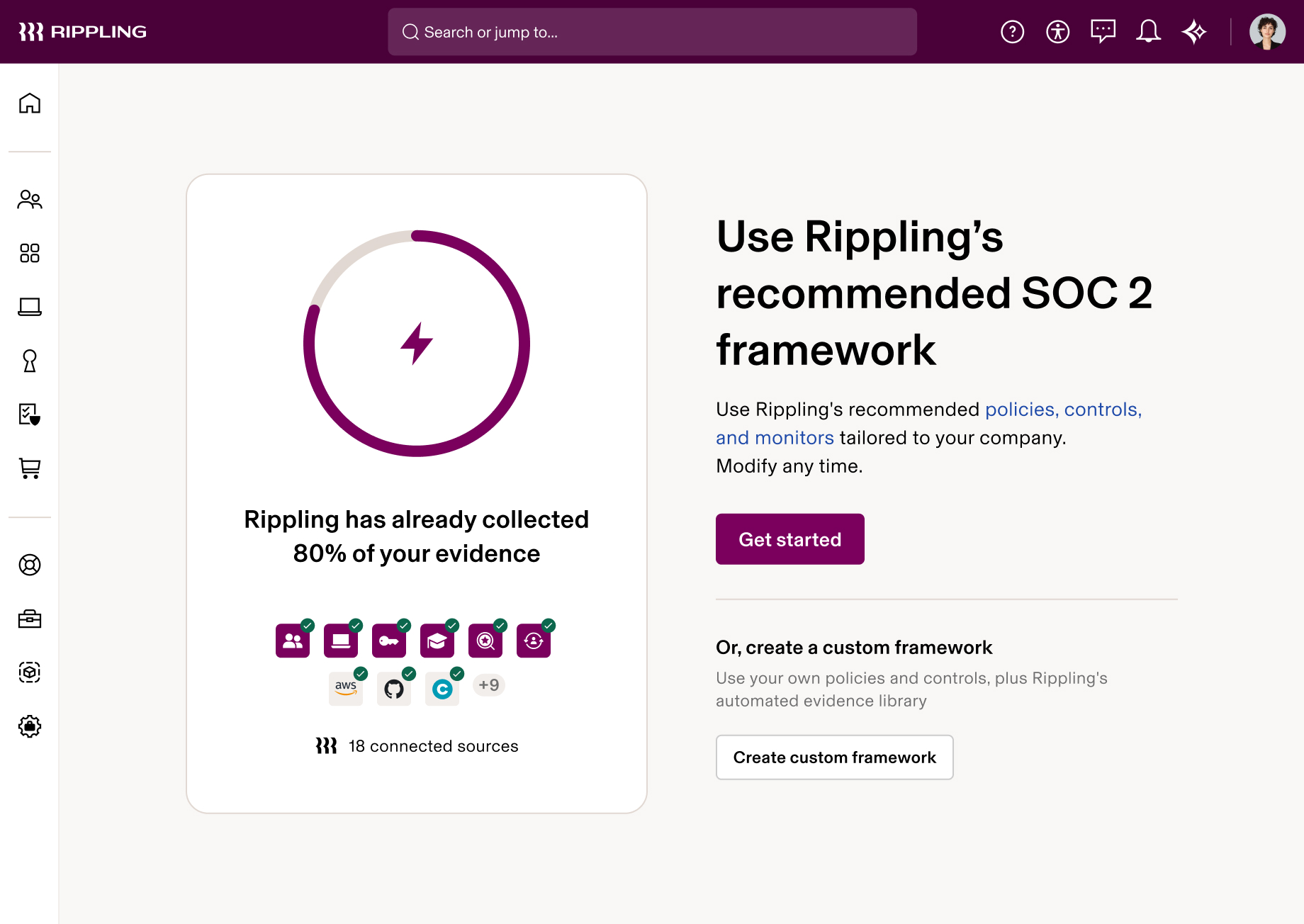 Rippling dashboard showing 80% evidence collection progress with 18 connected sources and SOC 2 framework options.
