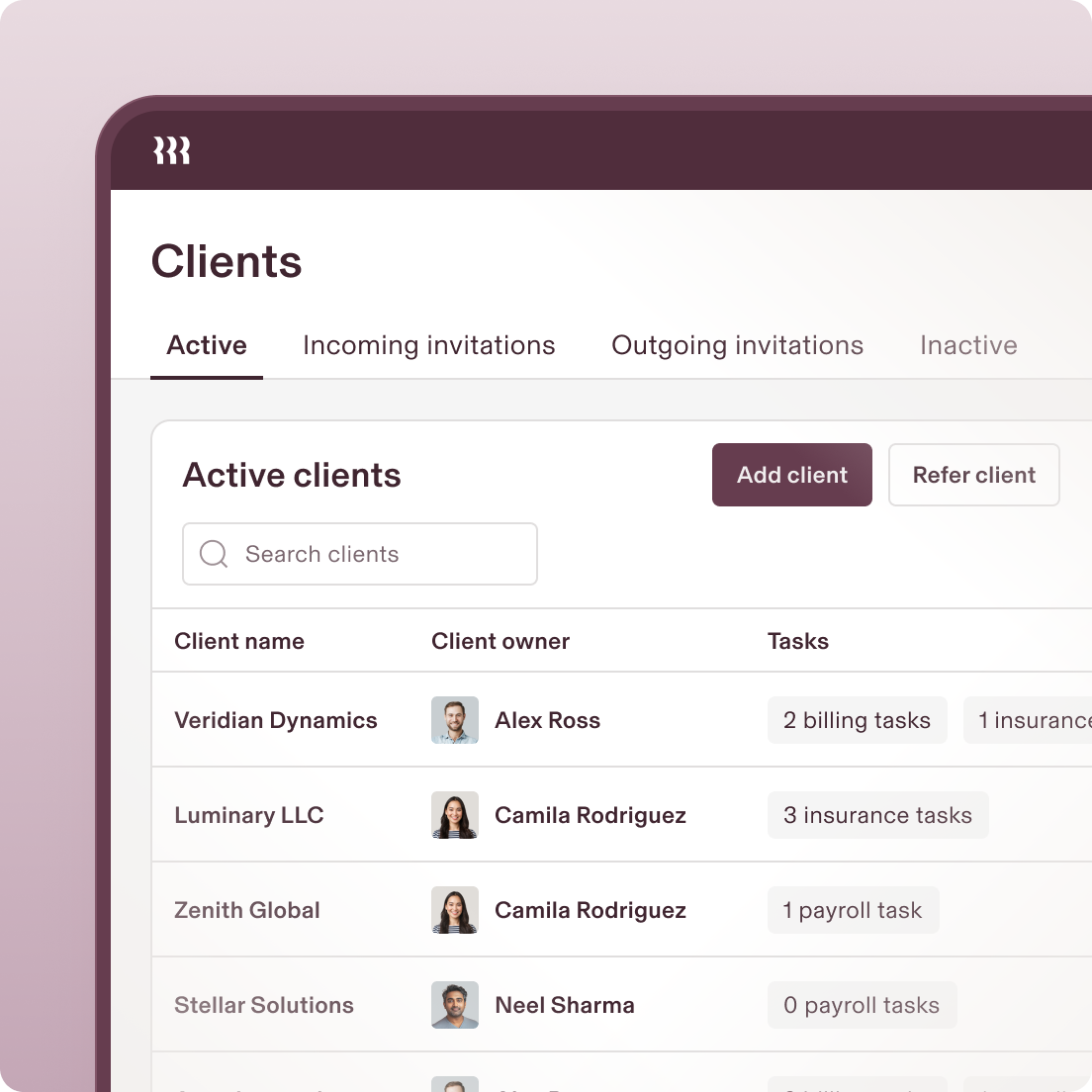 Client management dashboard showing active clients list with company names, assigned owners, and pending tasks.