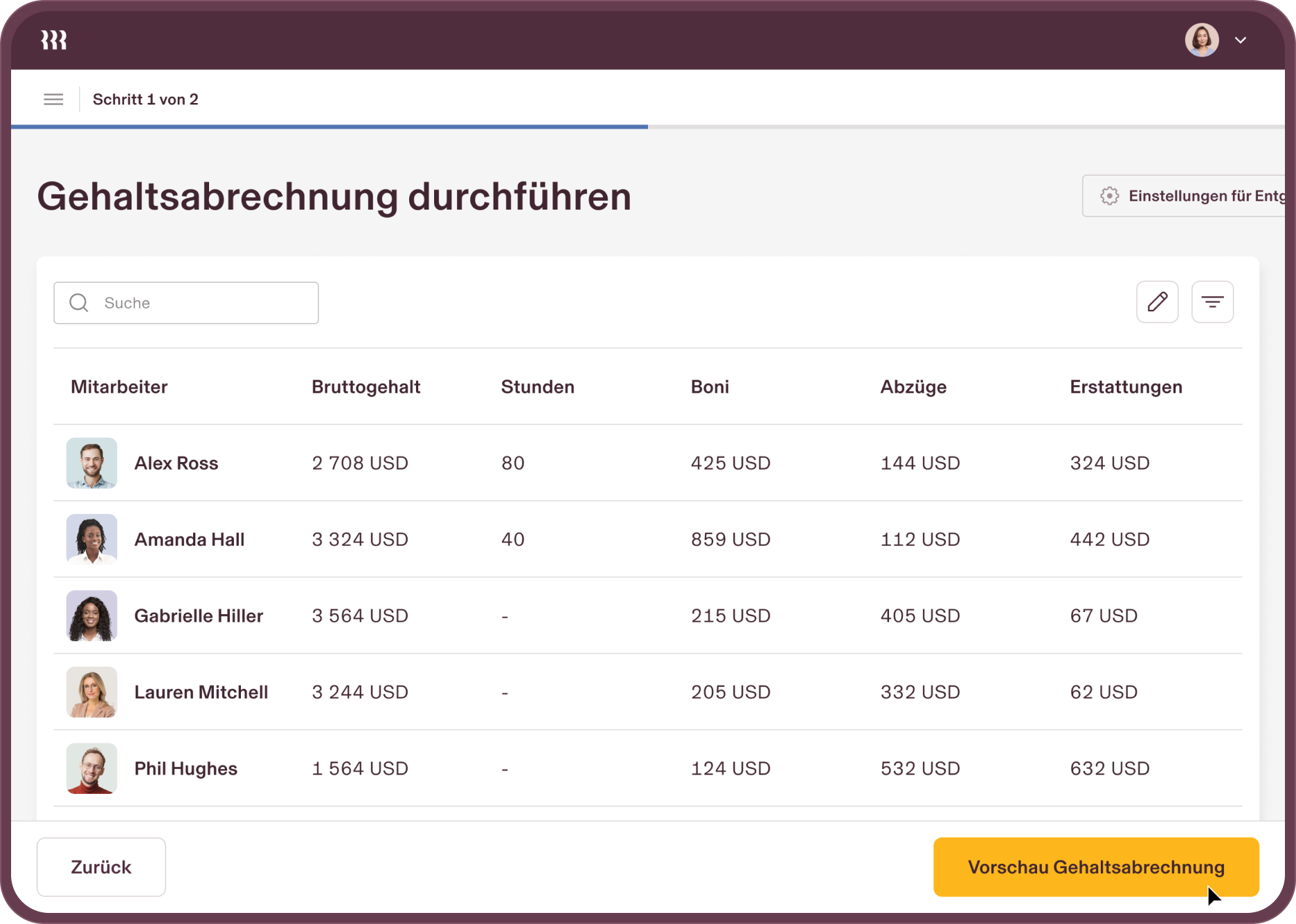 Tablet showing a screen in Rippling titled "Run Payroll" with a list of employees and their pay