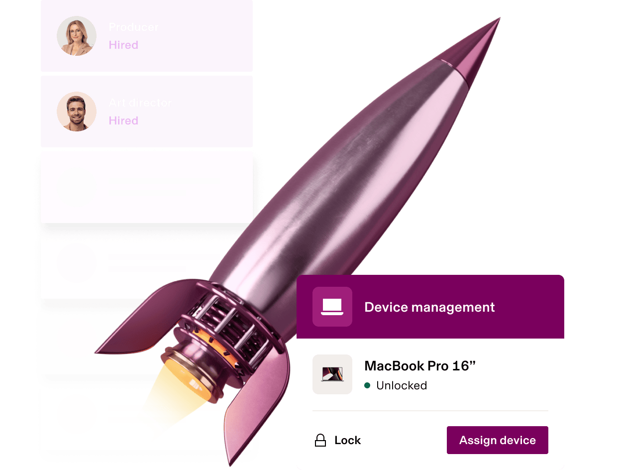 Purple rocket illustration next to device management interface showing an unlocked MacBook Pro 16" with hiring status indicators.